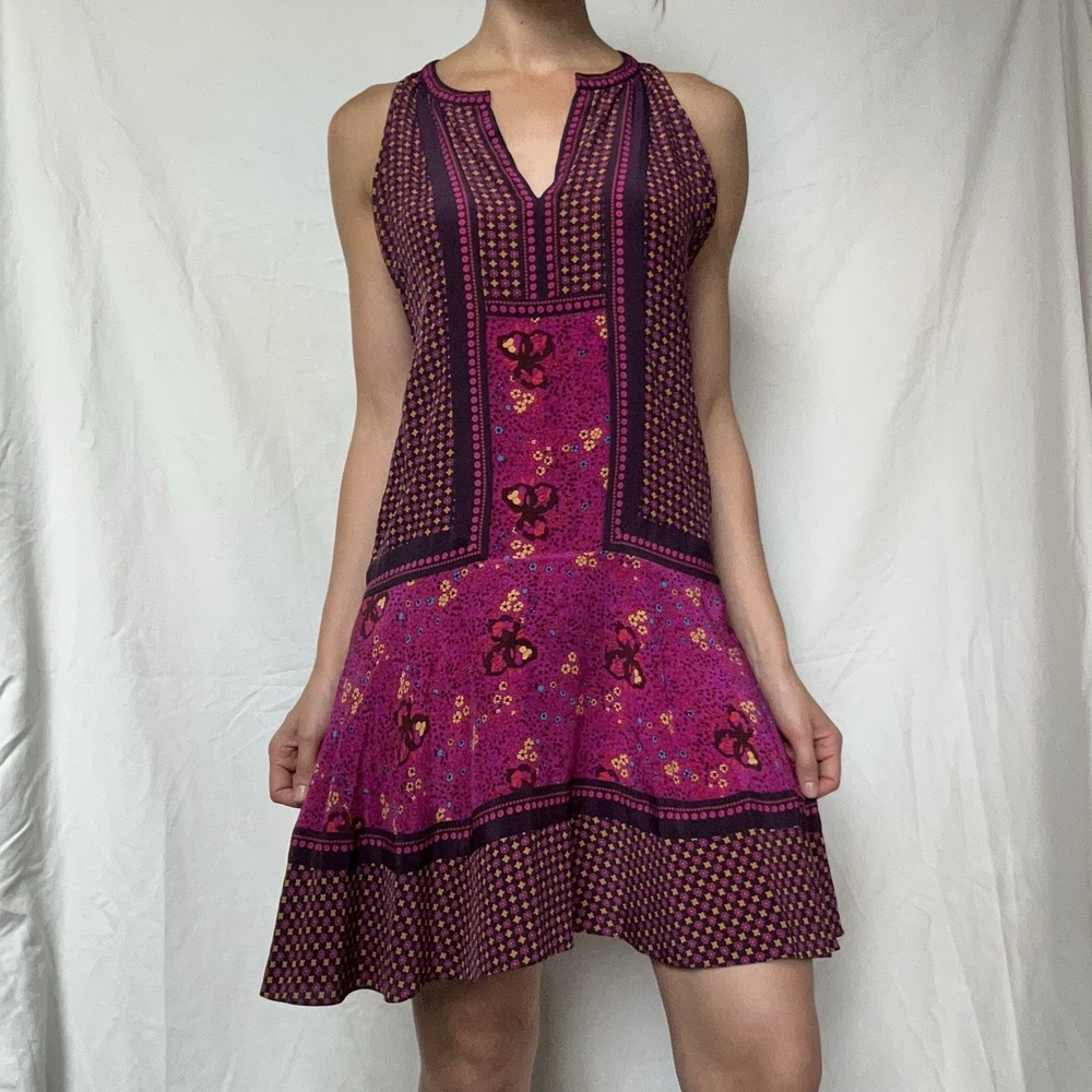 Rebecca Taylor Silk Geometric Floral Shift Dress Magenta Boho Festival Chic
